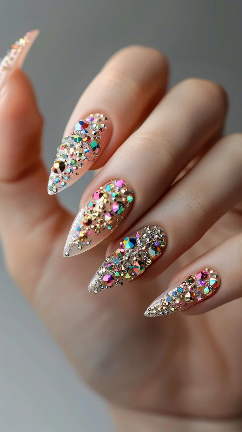A dazzling display of multicolored crystals adorns these sharp stiletto nails, creating a playful yet sophisticated look. The vibrant gems catch the light beautifully, making each nail a unique work of art that's sure to attract attention and compliments.