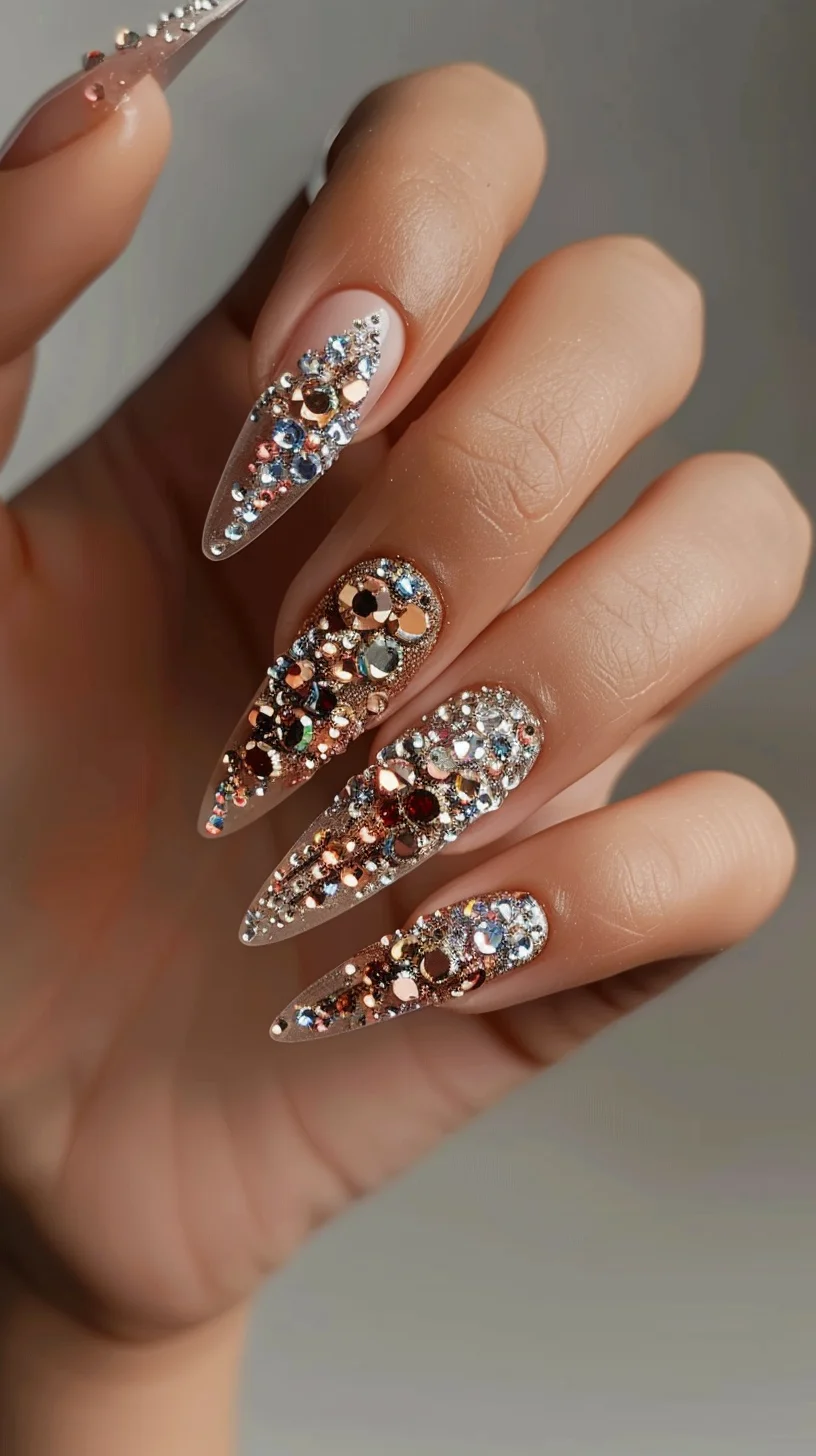 A beautiful blend of pink and purple crystals adorn these nails, creating a feminine and romantic look. The delicate placement of the gems adds a touch of elegance, making them perfect for a special date night or a wedding.