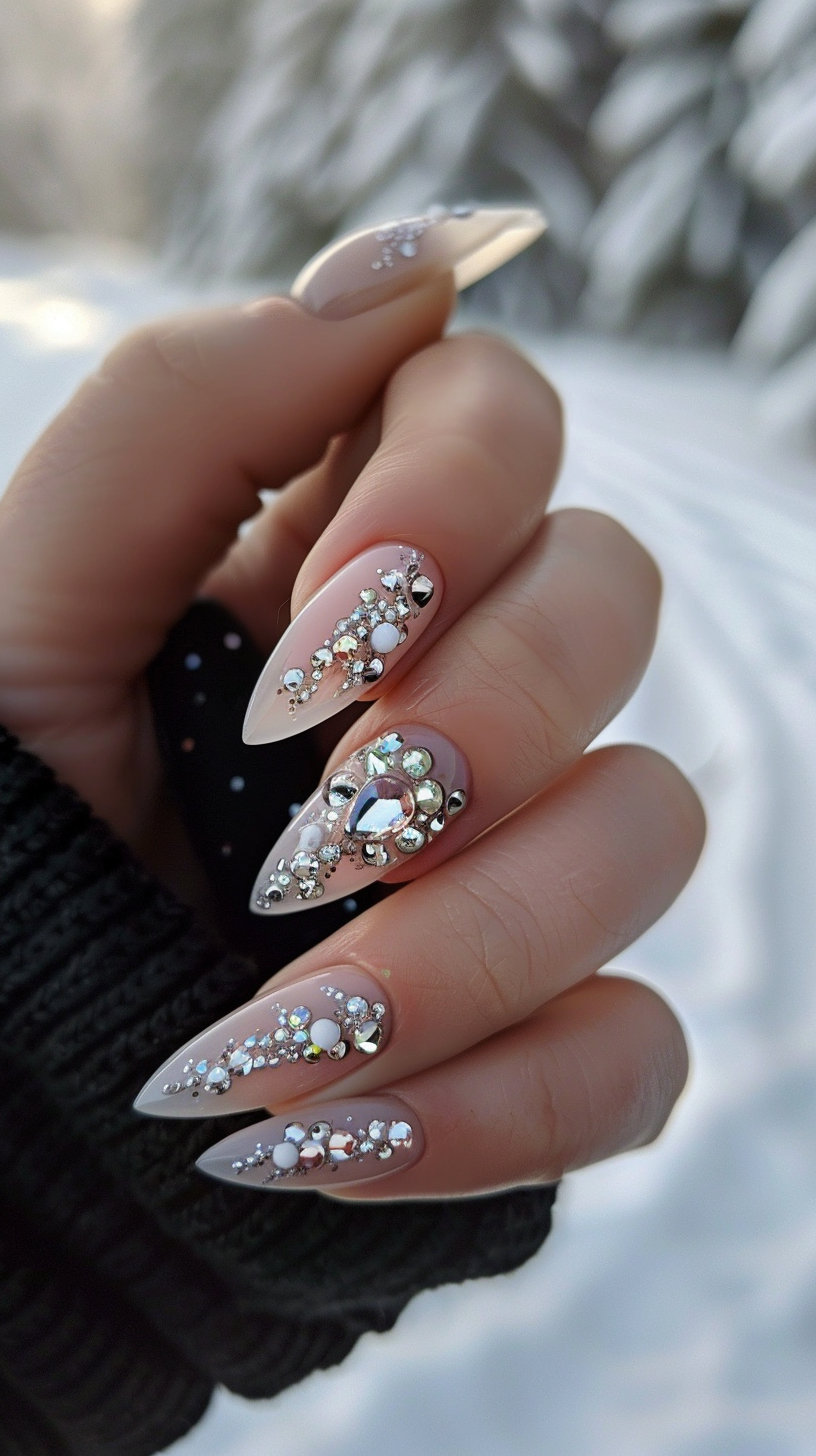 These stunning nails feature a nude base with intricate crystal embellishments. The design includes various sizes and shapes of crystals, creating a cascading effect from the cuticle to the tips. The combination of clear and iridescent crystals adds depth and sparkle, perfect for any glamorous occasion.