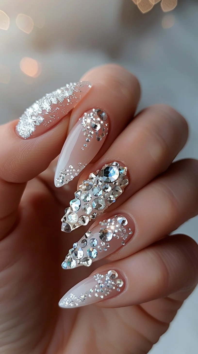 This dazzling nail art showcases a gradient glitter effect with a mix of silver and holographic crystals. The nails transition from a natural pink base to a sparkling silver tip, adorned with clusters of crystals that reflect light beautifully. This design is ideal for adding a touch of elegance and shine to any look.
