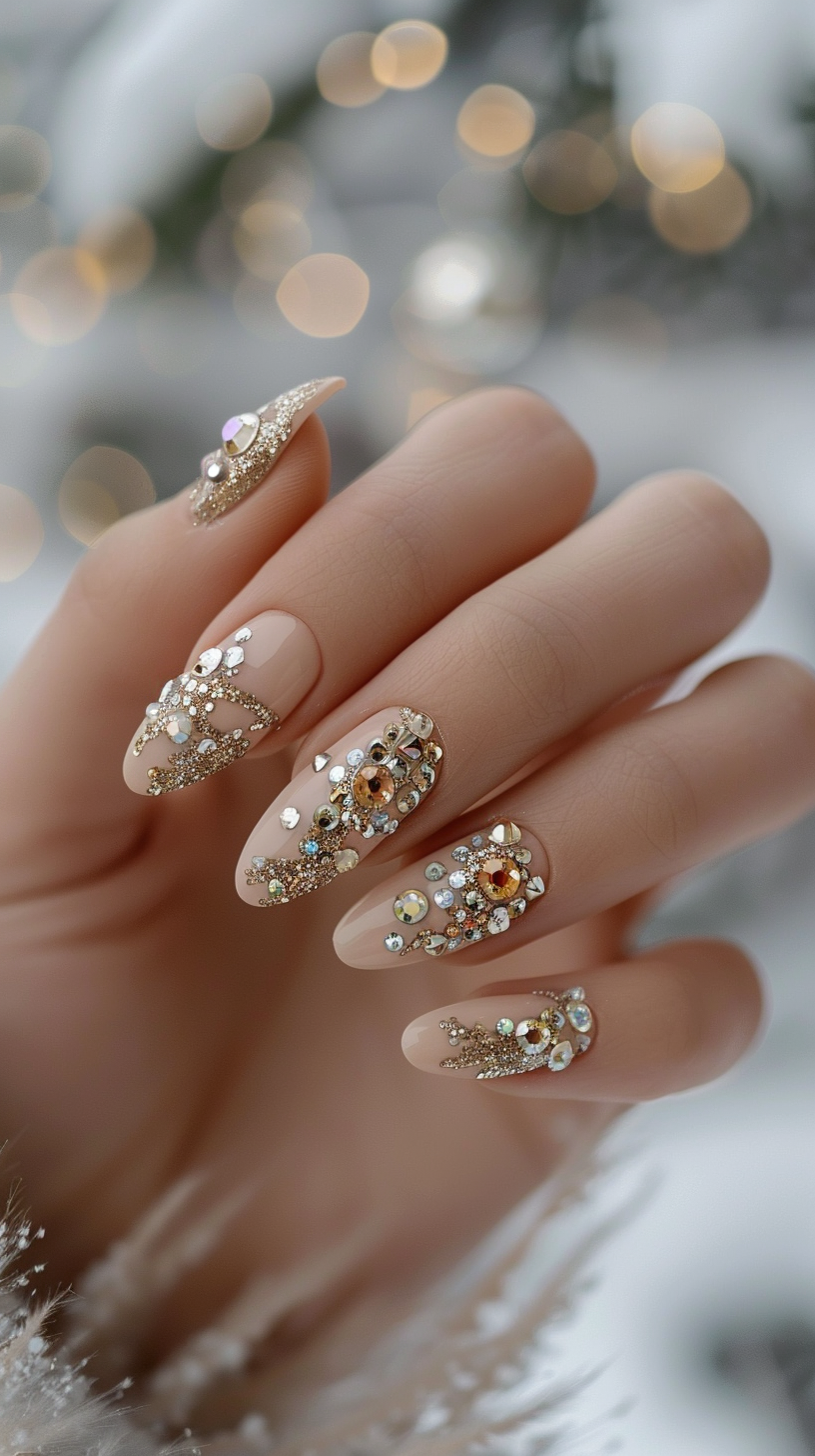 These nails are adorned with golden and iridescent crystals on a nude background. The intricate placement of the crystals forms elegant patterns that resemble delicate jewelry pieces. This design exudes luxury and sophistication, making it a perfect choice for formal events or special occasions.