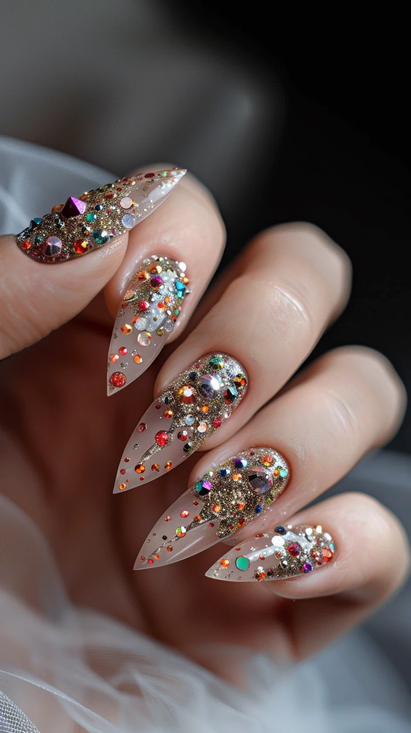 Featuring a playful and vibrant design, these nails are decorated with multicolored crystals against a nude base. The colorful crystals create a festive and eye-catching look, ideal for celebrations or adding a pop of color to your everyday style. The mix of shapes and sizes adds a dynamic and fun element to the nails.