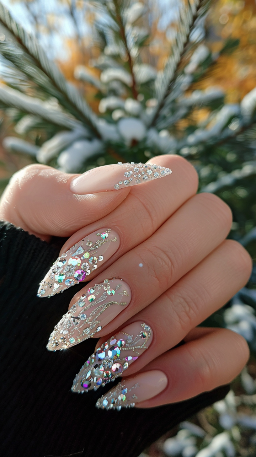 These nails are designed with a subtle nude base and are embellished with silver and clear crystals. The crystals are strategically placed to form delicate, sparkling patterns that catch the light beautifully. This elegant and understated design is perfect for those who prefer a more refined and sophisticated look.