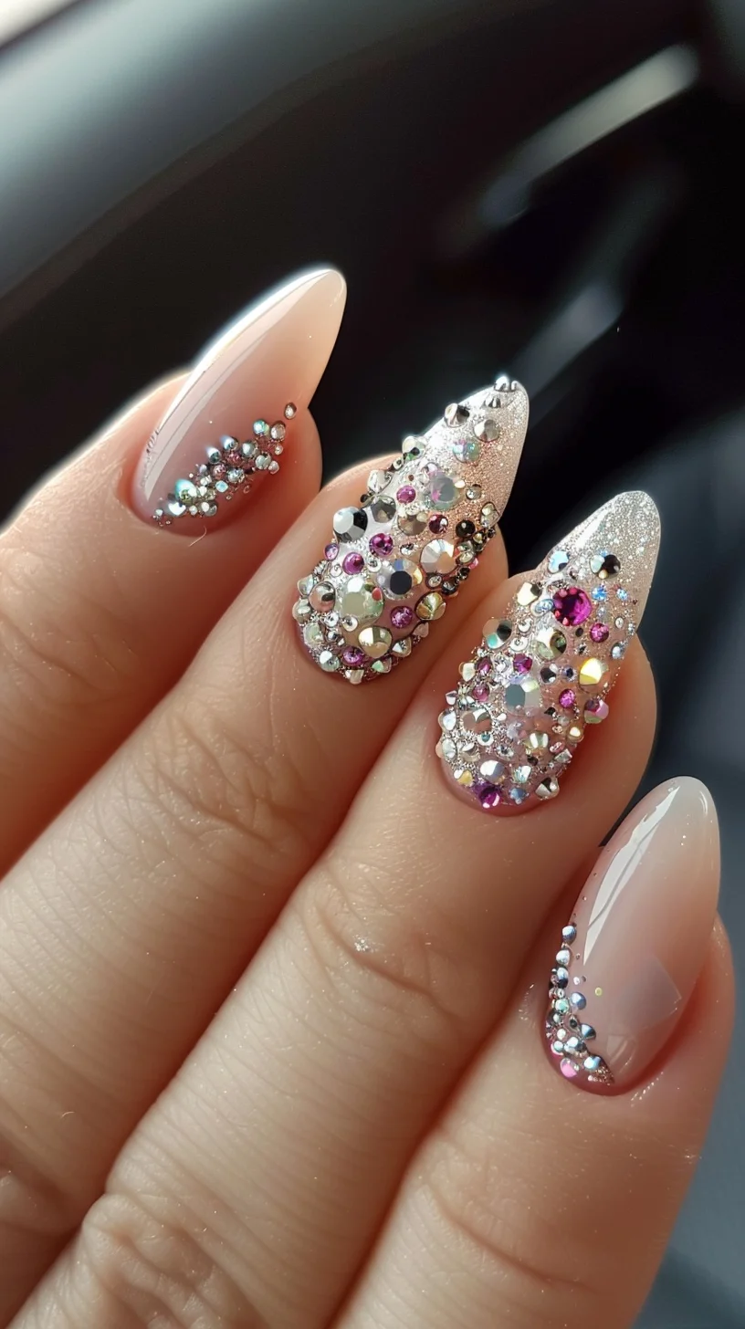This nail art design features a clear base with a heavy concentration of crystals at the tips. The gradient effect created by the crystals gives a stunning ombre appearance, transitioning from natural to dazzlingly bright. This design is perfect for making a statement and drawing attention to your hands.