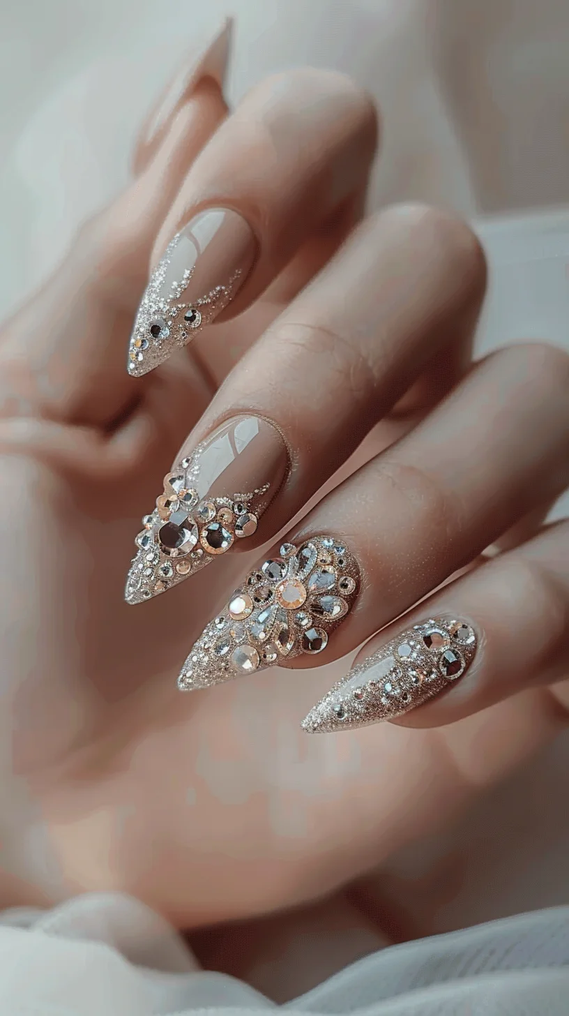 Featuring a nude base with intricate crystal patterns, these nails are the epitome of elegance. The delicate placement of the crystals forms beautiful, sparkling designs that are both sophisticated and eye-catching. This design is perfect for adding a touch of glamour to any outfit.