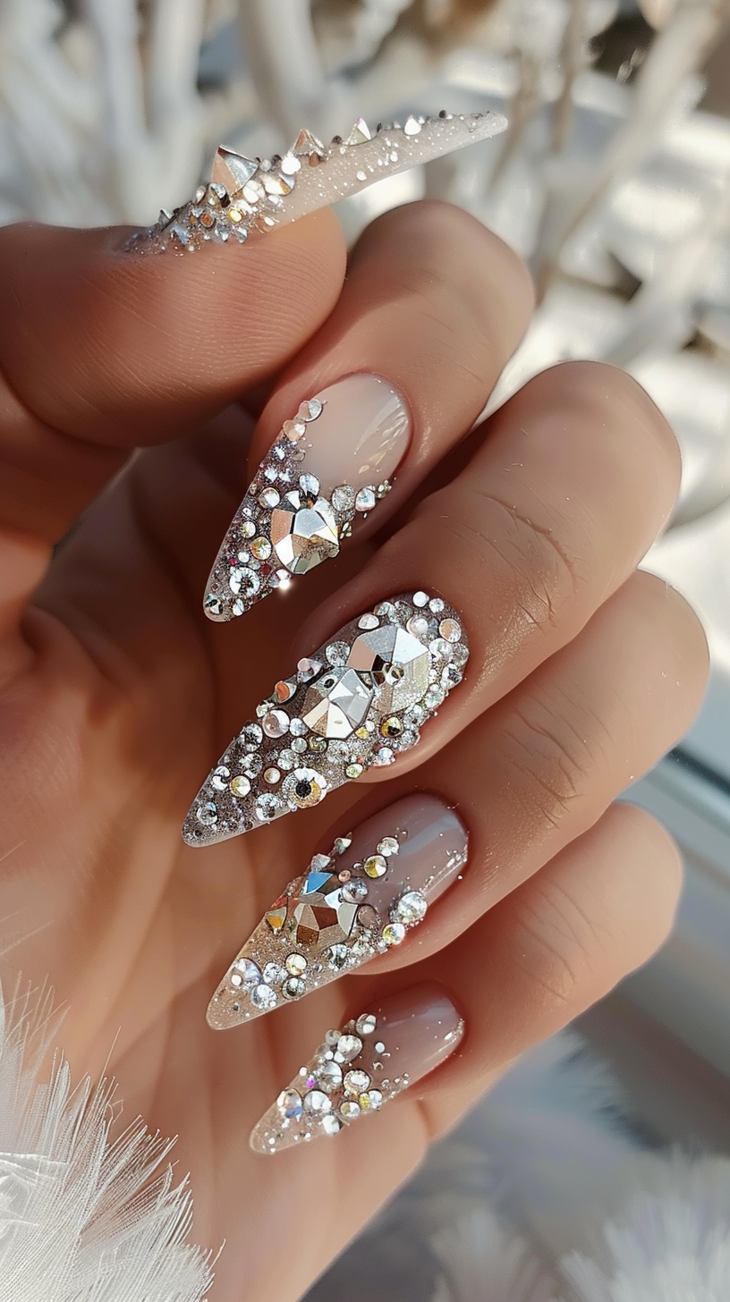These nails are adorned with large, statement crystals that create a bold and luxurious look. The clear base allows the crystals to stand out, making this design perfect for those who want to make a strong impression. The combination of different shapes and sizes of crystals adds depth and interest to the nails.