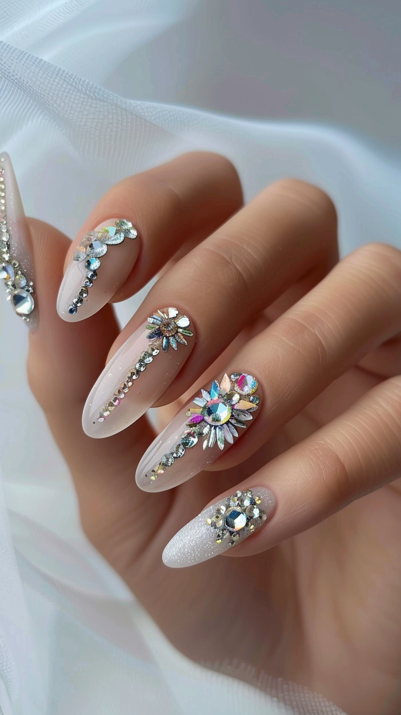 A classic nude base is elevated with sparkling crystals and pearls, arranged in floral patterns. This design is chic and timeless, perfect for a bride or anyone looking to add a touch of elegance to their manicure while keeping it refined and stylish.