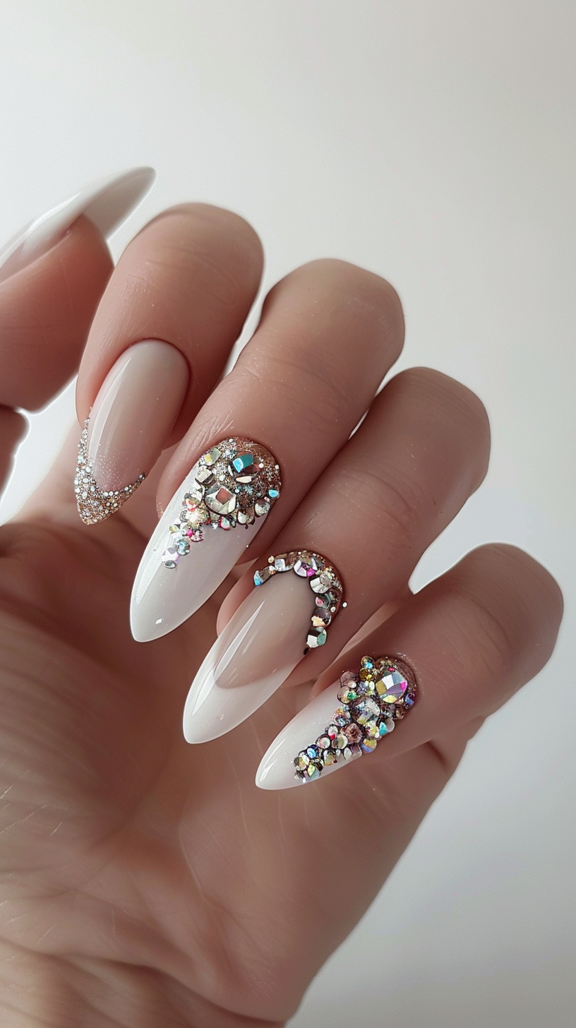 These nails feature a combination of white and nude bases with intricate crystal embellishments. The crystals are strategically placed to create a dazzling effect, with some forming elegant arcs and others clustered at the tips. This design is both sophisticated and eye-catching, perfect for a chic, elegant look.
