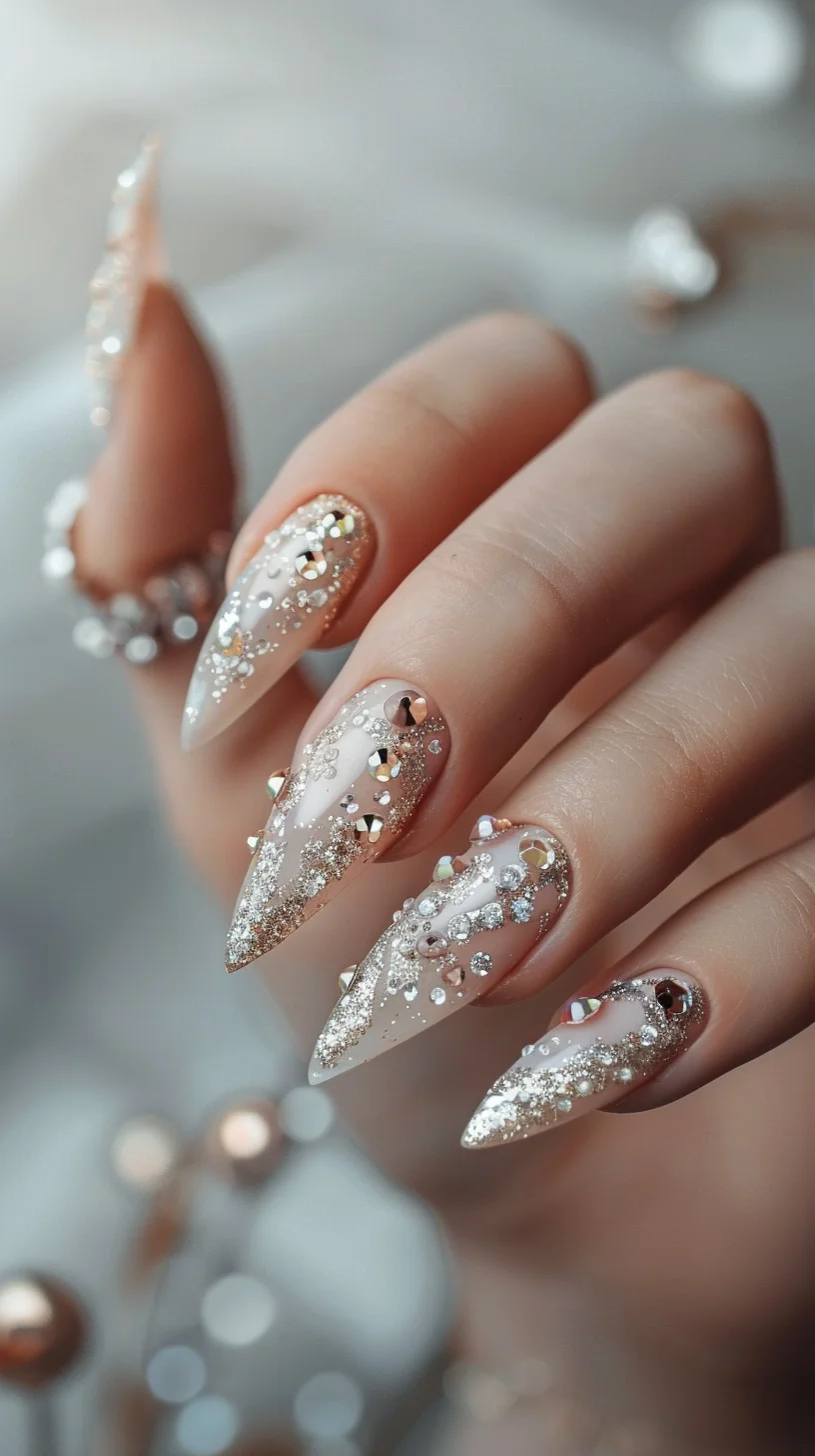 These stunning nails boast a clear base with a gradient glitter effect, transitioning to a rich golden hue at the tips. The crystals are meticulously placed to enhance the glitter, creating a luxurious and glamorous look. This design is ideal for those who want to add a touch of opulence to their style.
