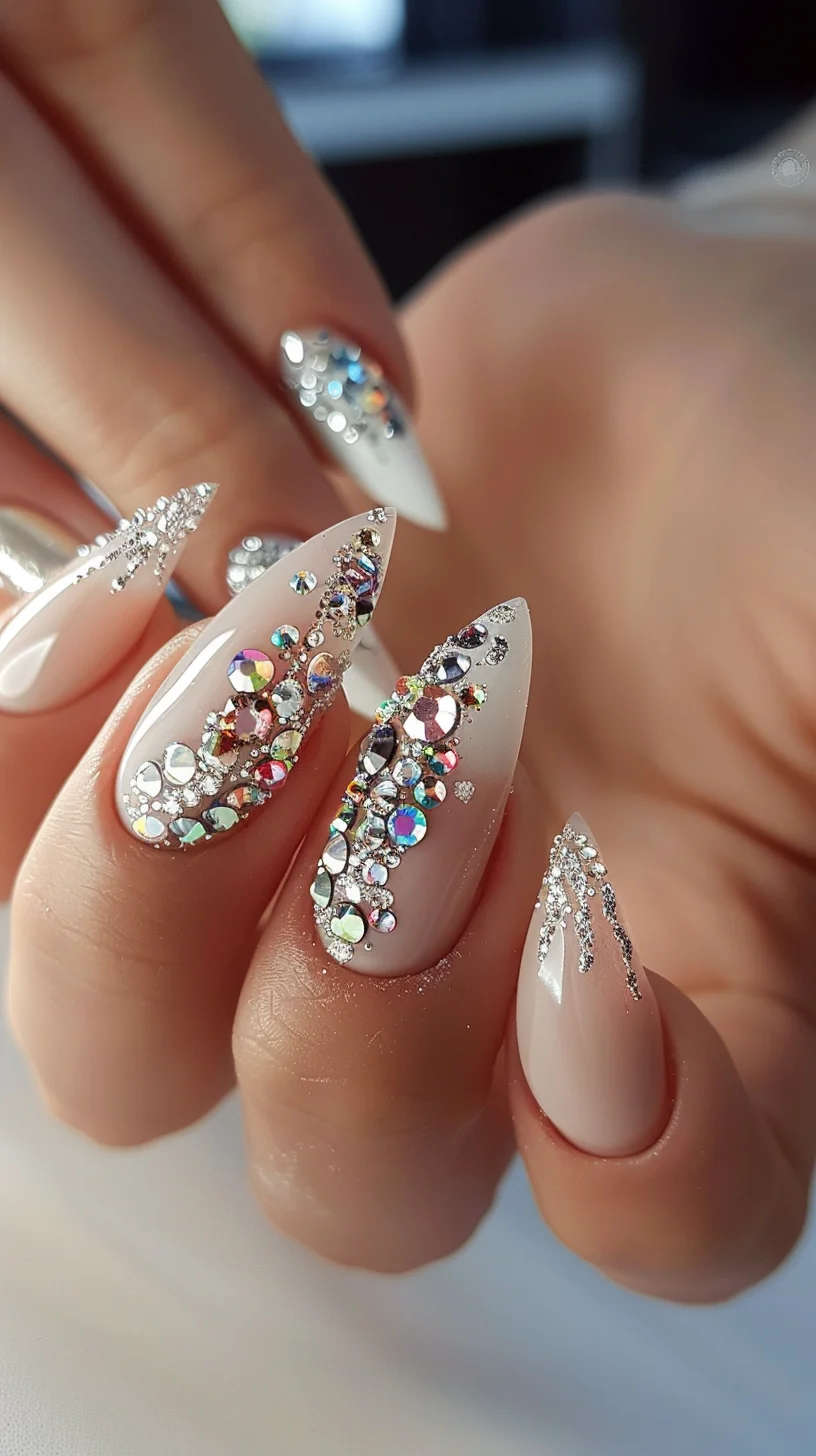 This nail design features a soft, nude base adorned with an array of shimmering crystals. The crystals are arranged in vertical lines, creating a waterfall effect that adds a sense of movement and sparkle. This design is perfect for a refined and elegant appearance, suitable for any formal occasion.