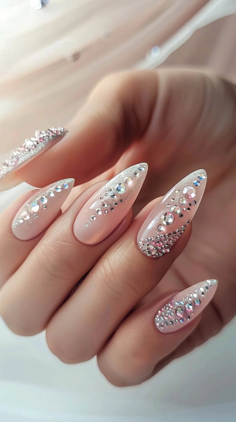 These nails are adorned with a soft pink base and a gradient of sparkling crystals from the cuticle to the tips. The mix of crystal sizes creates a dynamic and eye-catching design. This look is ideal for adding a subtle yet glamorous touch to your nails, perfect for any event.