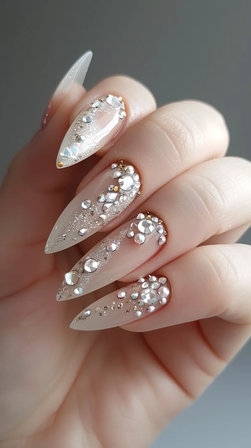 These nails showcase a nude base with clusters of clear and iridescent crystals. The crystals are placed to form elegant and intricate patterns, making each nail look like a piece of jewelry. This design is perfect for those who want a sophisticated and glamorous look for special occasions.