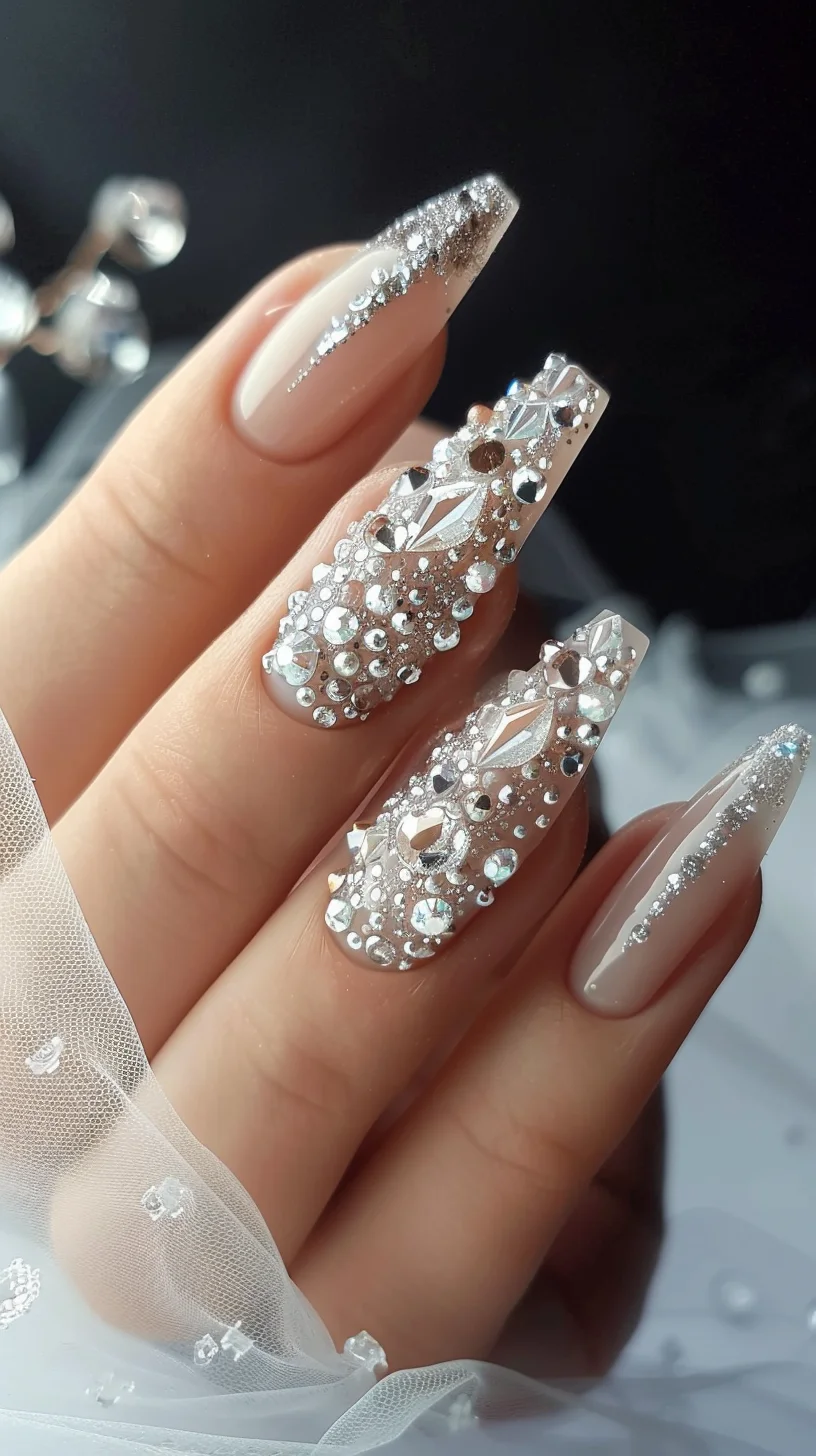 This design features a nude base with a heavy concentration of silver glitter and crystals. The crystals create a cascading effect, starting at the cuticle and gradually spreading out towards the tips. This look is perfect for those who love a glamorous and sparkling design.