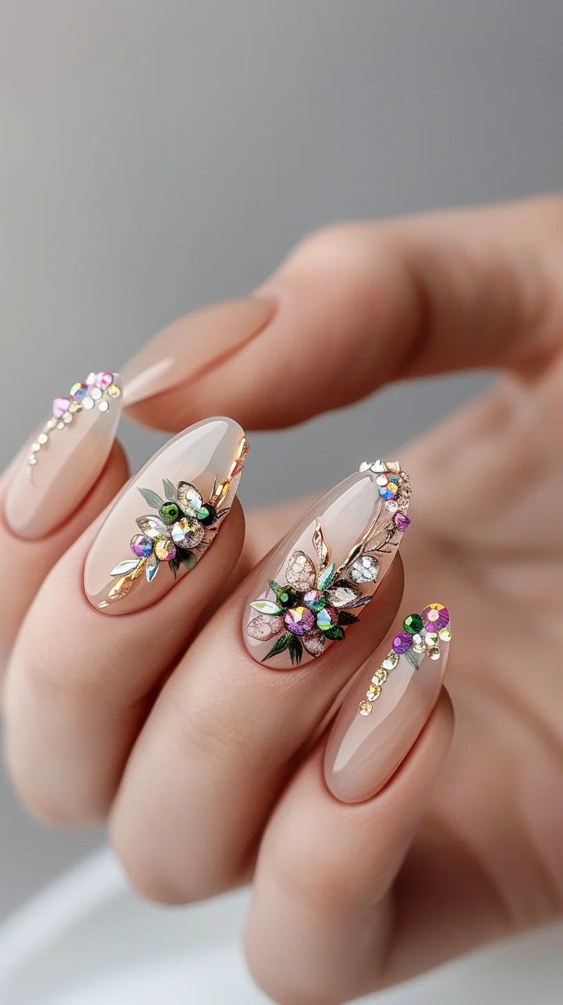 These nails are adorned with intricate crystal patterns on a nude base. The crystals are arranged in elegant floral and vine patterns, creating a delicate and feminine look. This design is ideal for adding a touch of elegance and sophistication to any outfit.