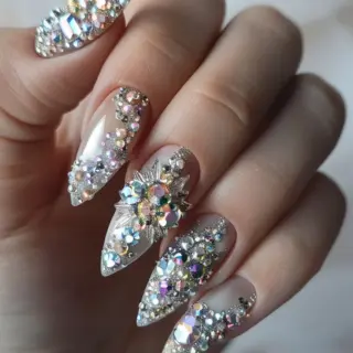 These nails are a burst of sparkle with a myriad of crystals in different shapes and sizes. The clear and iridescent gems are arranged to create a cascading effect, giving the nails a dynamic and luxurious appearance that is both eye-catching and sophisticated.
