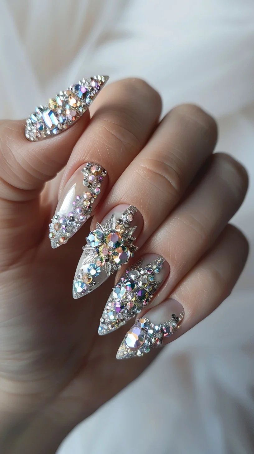 These nails are a burst of sparkle with a myriad of crystals in different shapes and sizes. The clear and iridescent gems are arranged to create a cascading effect, giving the nails a dynamic and luxurious appearance that is both eye-catching and sophisticated.