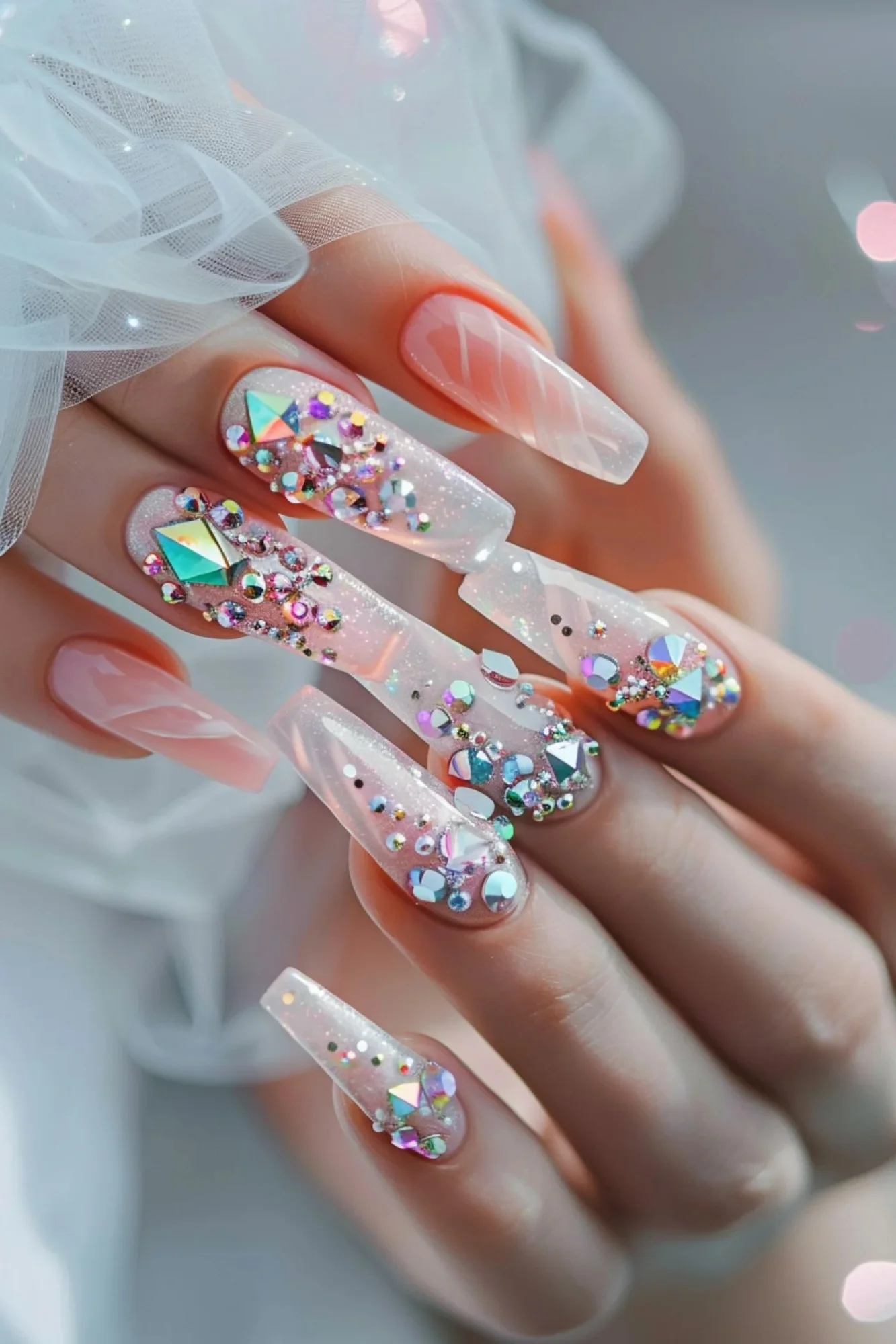 This design showcases long, coffin-shaped nails with a clear base and an array of colorful, geometric crystals. The mix of shapes and iridescent hues creates a vibrant and eye-catching look, ideal for making a bold fashion statement.