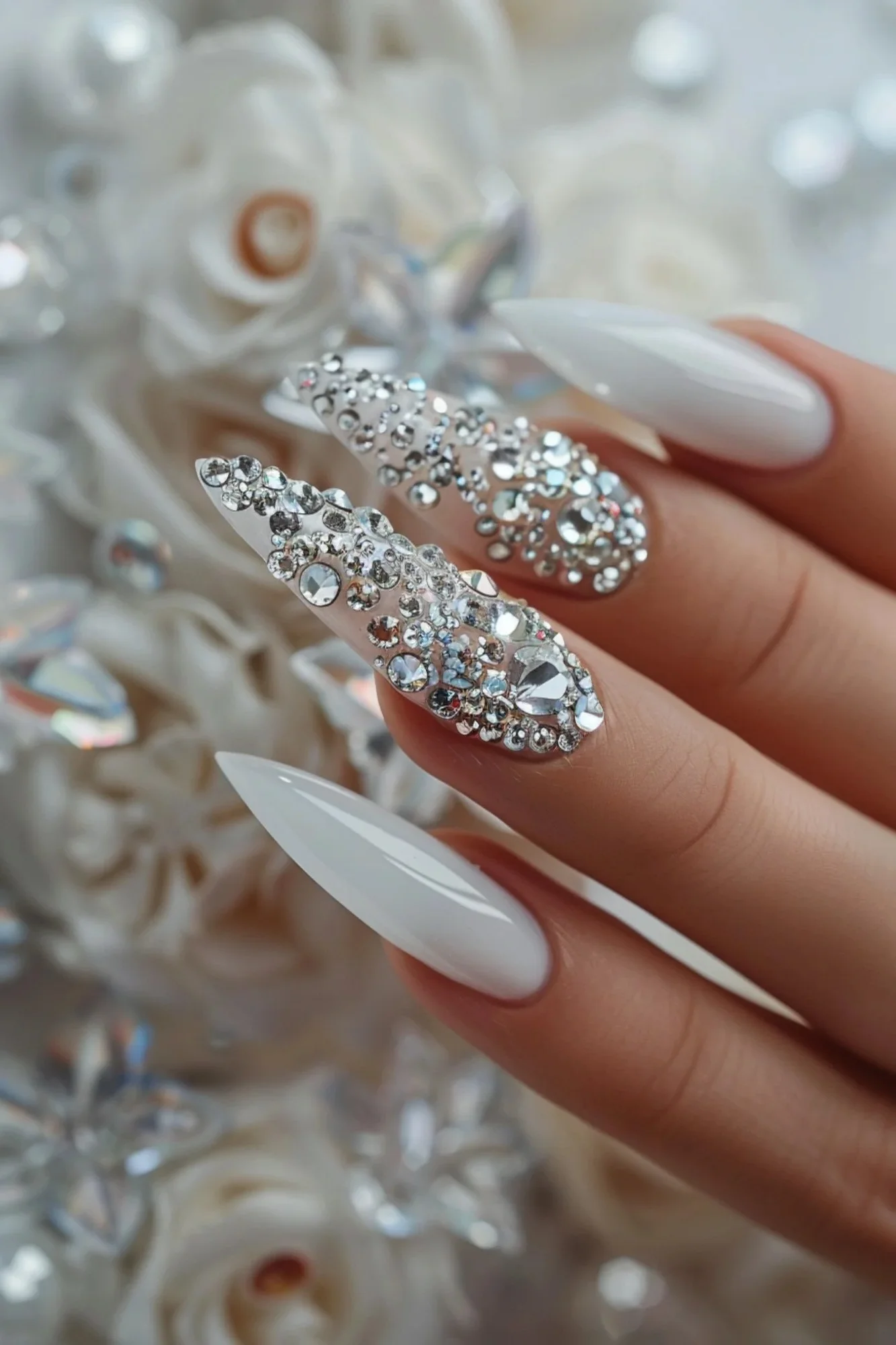 These stunning nails feature a white base with a heavy concentration of silver crystals. The crystals are arranged in a gradient, starting thick at the cuticle and thinning out towards the tips. This design is perfect for a chic and glamorous look.