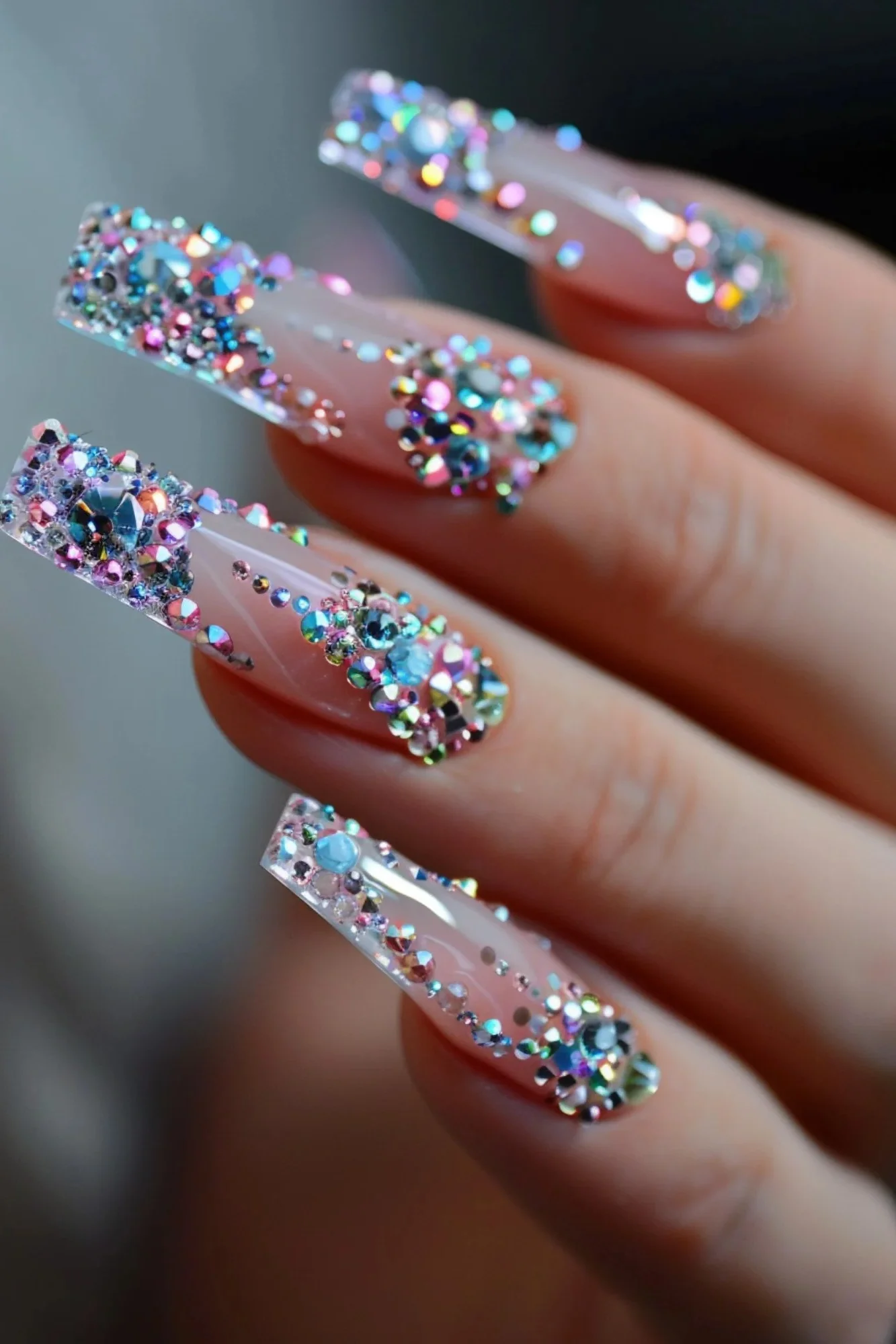 This nail art design features a clear base with a heavy concentration of multicolored crystals. The crystals are placed densely at the tips, creating a gradient effect that adds a touch of sparkle and fun. This design is ideal for a playful and glamorous style.