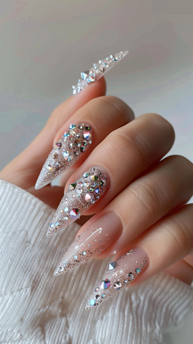 Featuring a delicate and intricate crystal flower design, these nails are perfect for those who love floral themes. The combination of crystals and glitter on a nude base makes this design elegant and perfect for both everyday wear and special occasions.