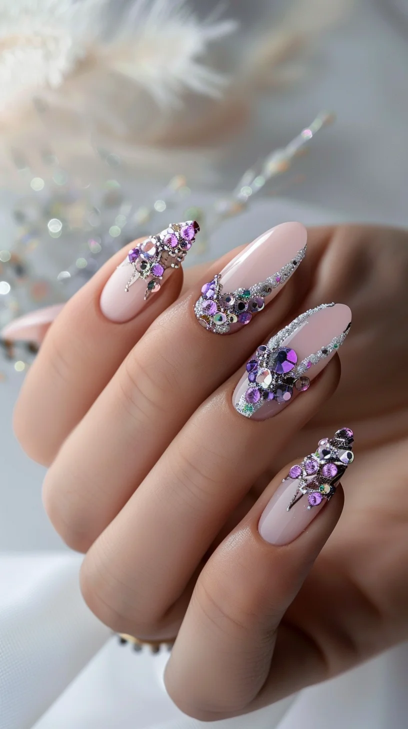 These nails boast a luxurious and intricate crystal arrangement, creating a dazzling 3D effect. The mix of clear and iridescent stones gives a rich, opulent feel that makes these nails stand out, perfect for an extravagant night out or a high-fashion event.