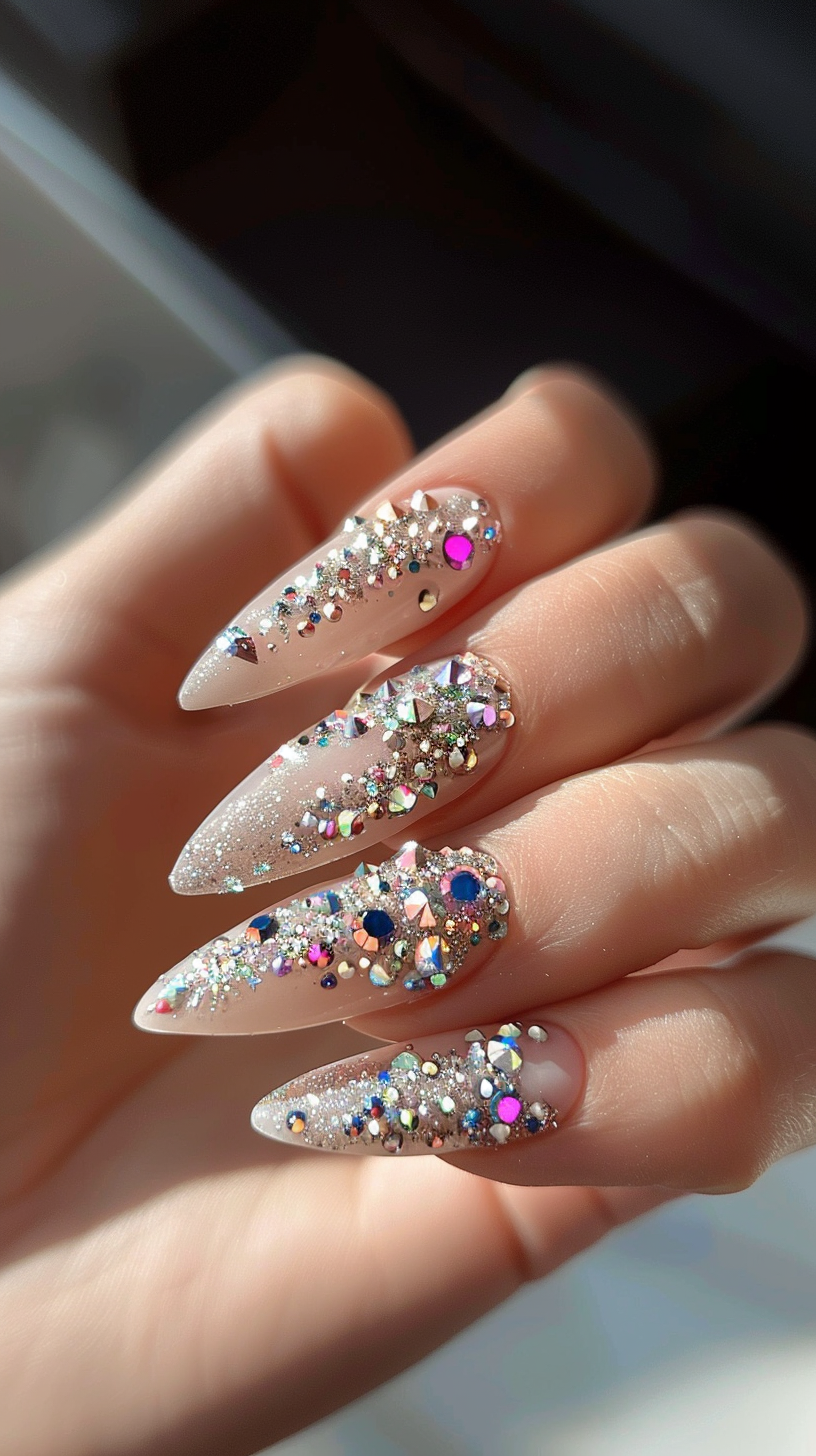 These nails feature a sophisticated and intricate crystal pattern on a nude base, creating a look that is both refined and eye-catching. The delicate placement of each gem adds a touch of luxury and elegance, making them perfect for formal occasions.
