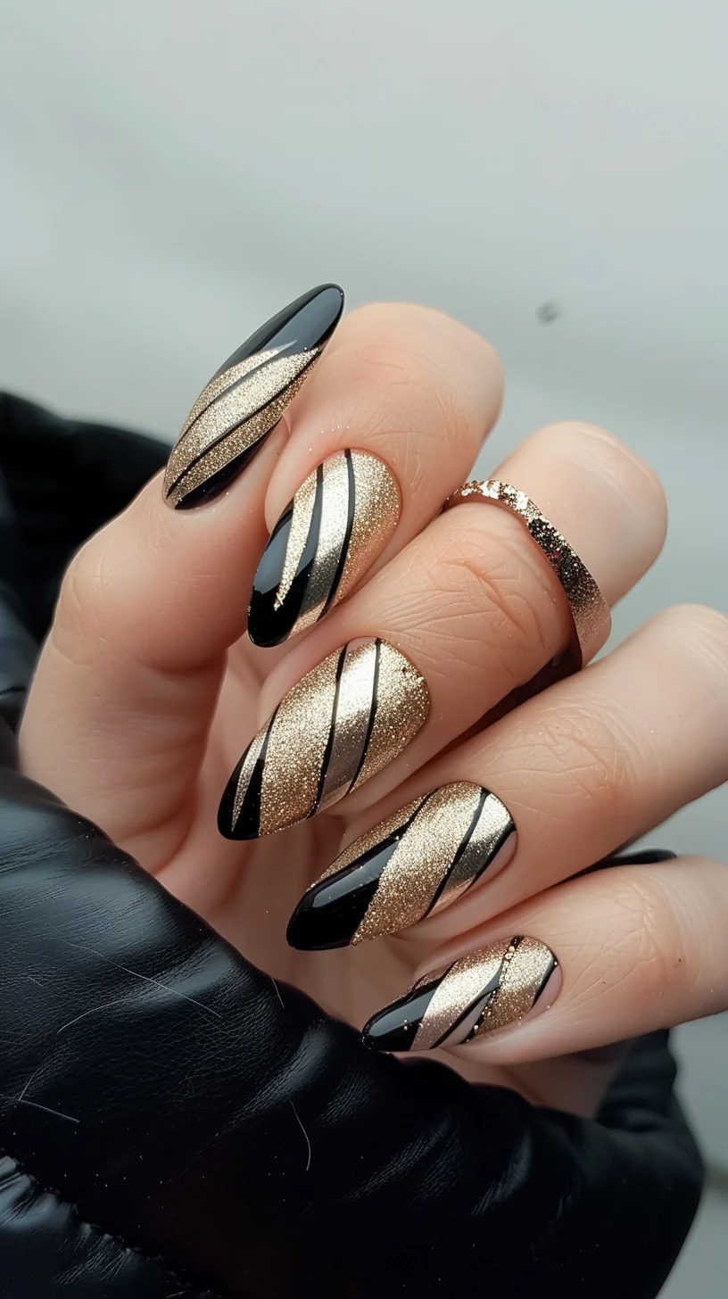 The first design showcases an elegant black and gold combination with sleek diagonal lines, creating a sophisticated look. The glittery gold adds a touch of glamour, perfect for a chic evening.