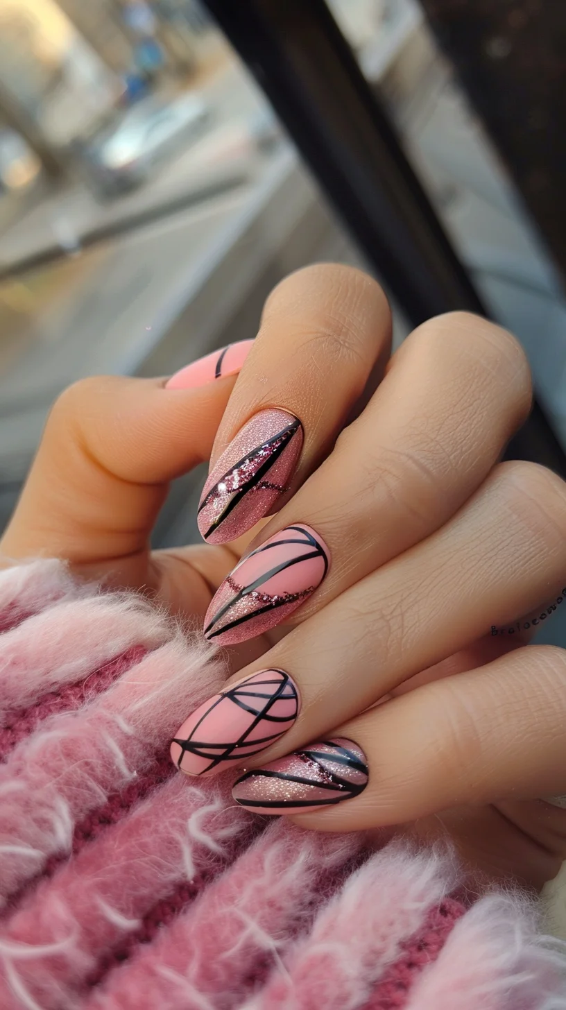 This design combines pink and black with glitter accents, creating a chic and feminine look. The diagonal lines and glitter details add a touch of sparkle, making it great for both casual and formal settings.