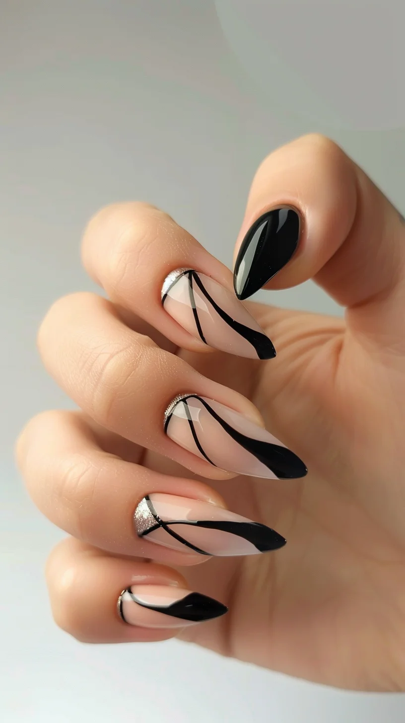 This minimalist design uses nude and black tones with clean, sleek lines. The subtle glitter accents add a touch of elegance, making it suitable for a refined and polished look.