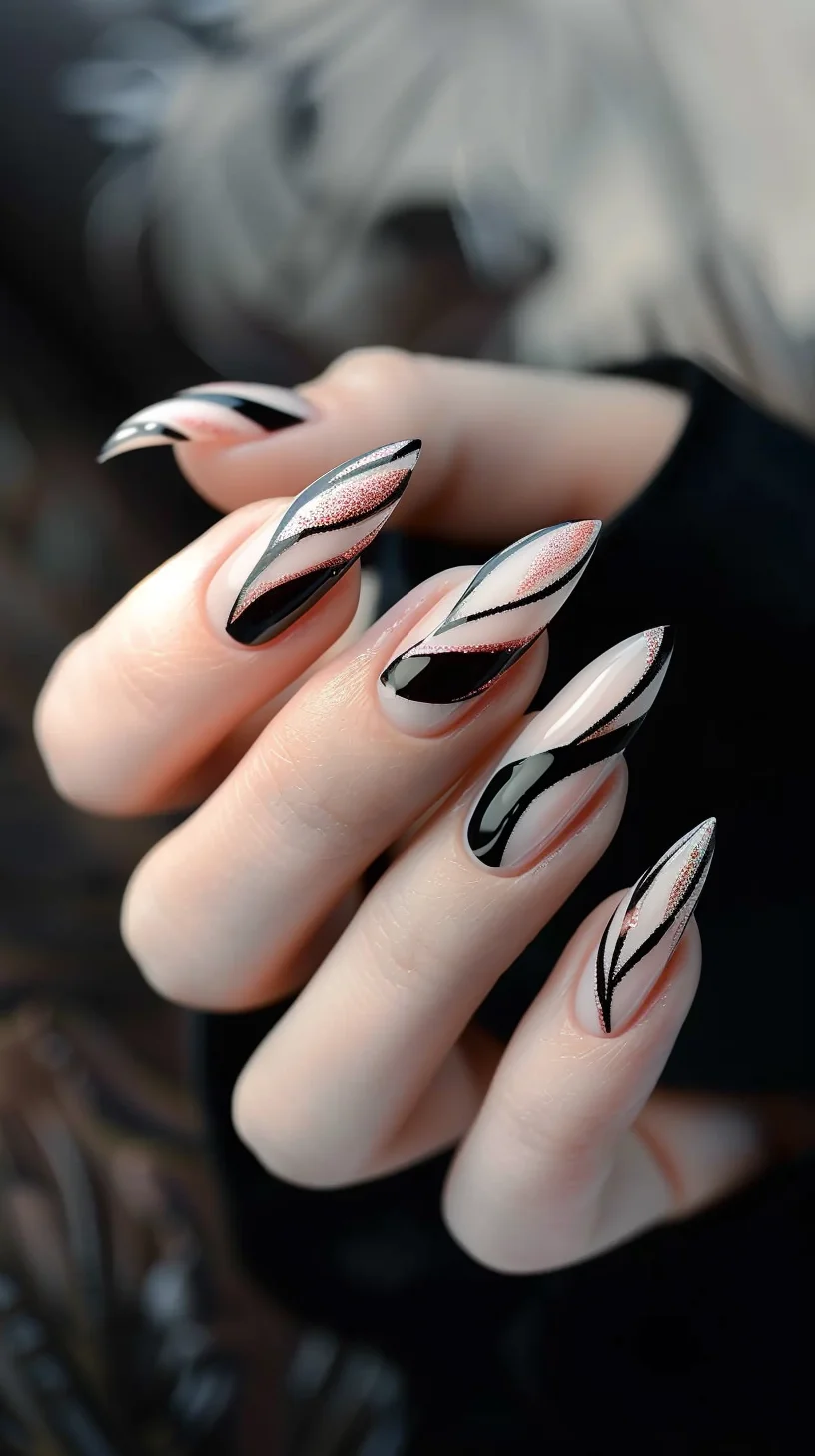 Combining nude and black with a hint of silver glitter, this design is both elegant and modern. The sleek lines and minimalistic approach make it versatile for both day and night events.