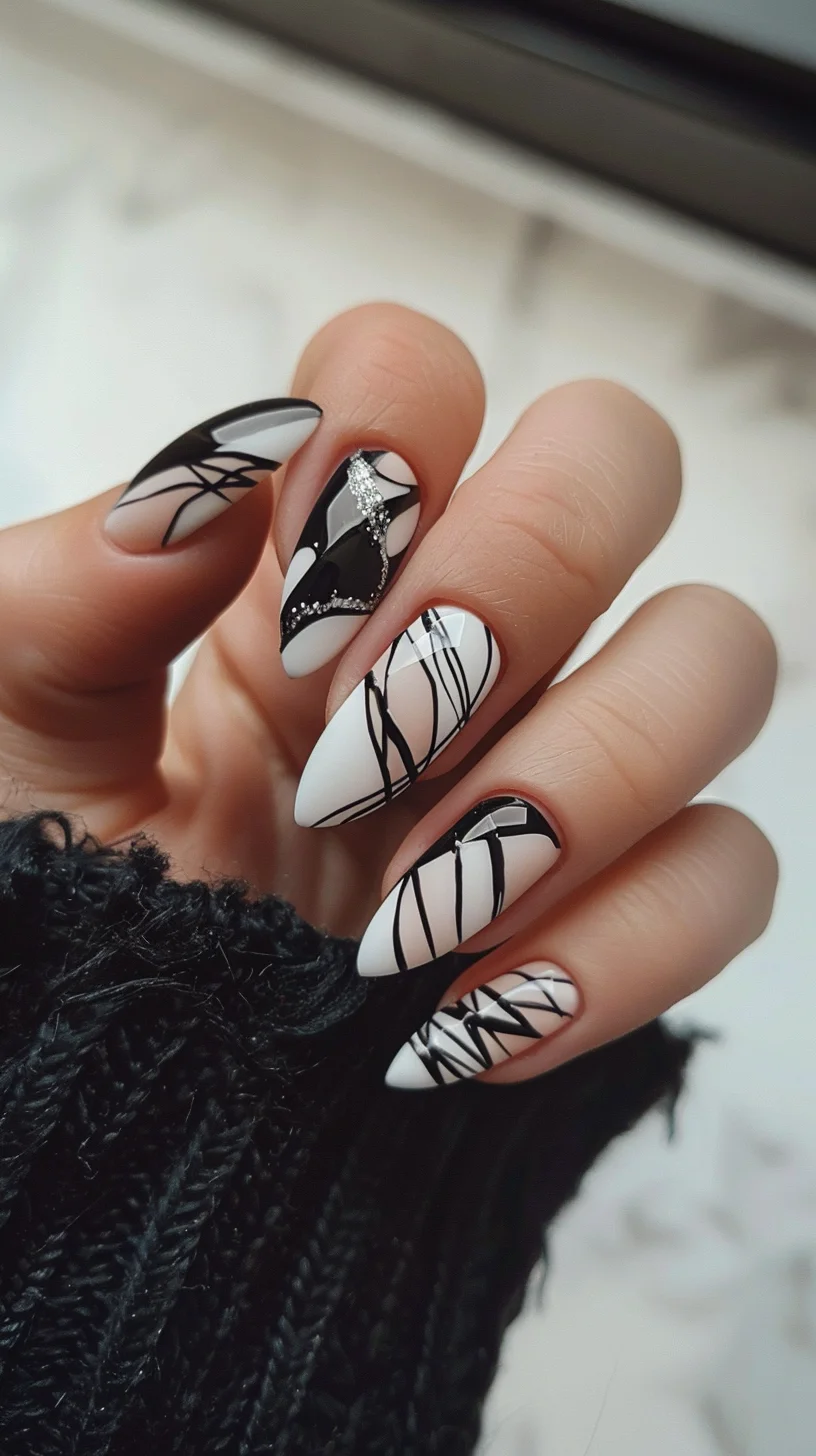 A simple yet striking design, this nail art features white nails with thin black lines creating a geometric pattern. The clean and modern look is perfect for a minimalist aesthetic.