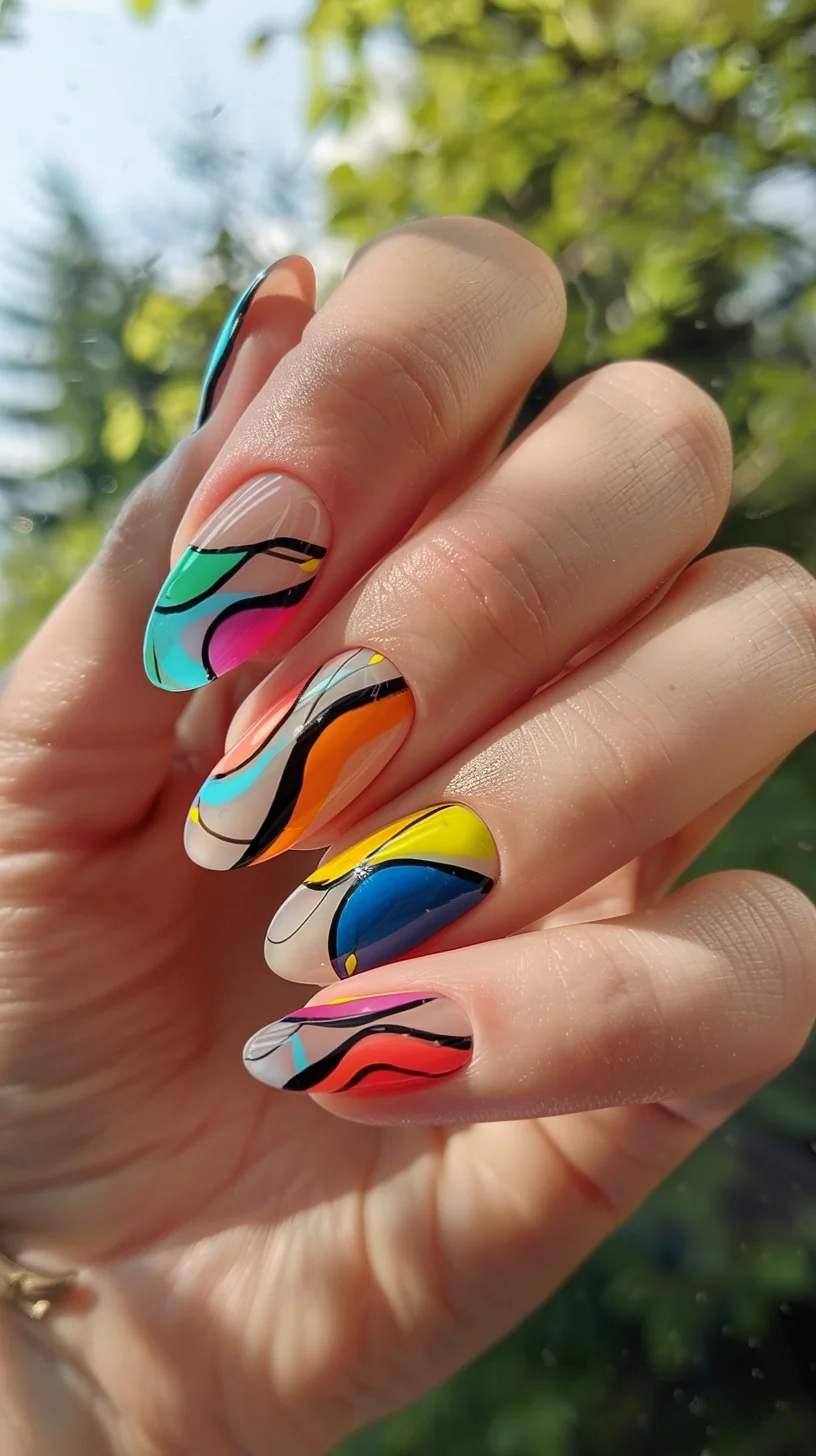 Vibrant and dynamic, this nail art features a bold array of colorful, swirling lines on a nude base. The playful mix of colors and abstract shapes brings an energetic and artistic flair, making your nails stand out beautifully.