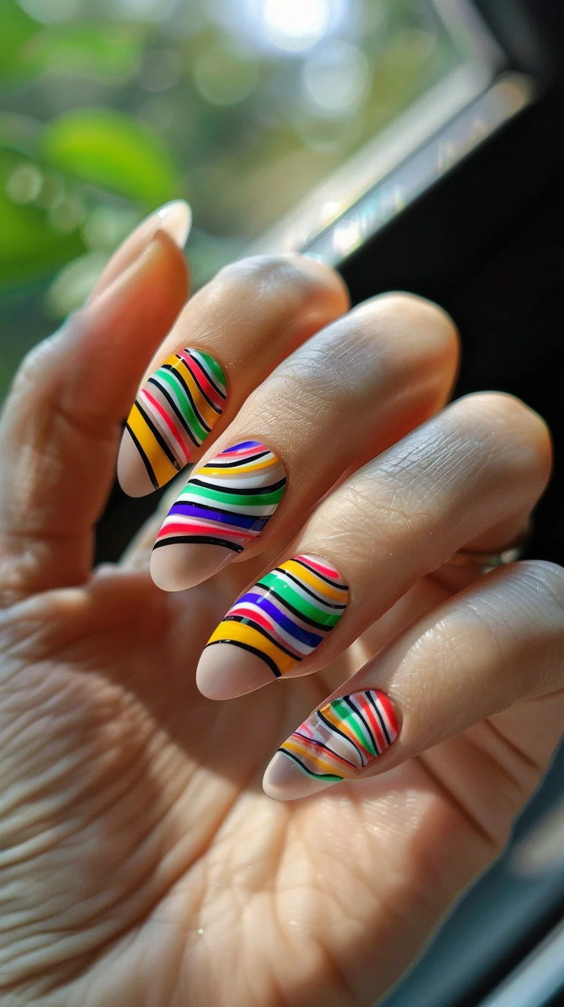 Bright and lively, this design features a rainbow of curving lines on a matte background. The overlapping colors and fluid shapes provide a playful and artistic touch, bringing a sense of fun and creativity to your nails.