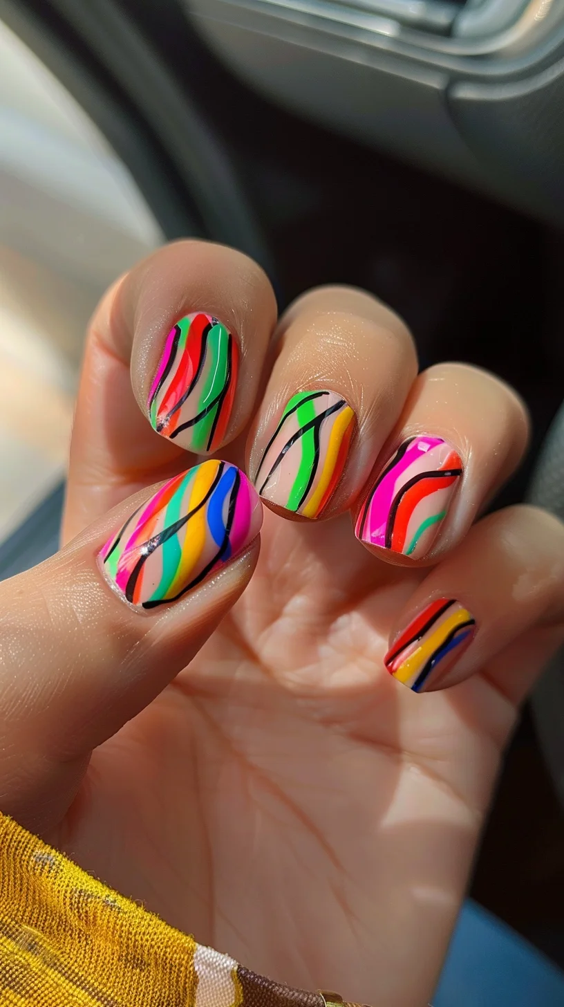 Short nails are transformed with this vibrant design of colorful, wavy lines. The dynamic mix of shades and the playful pattern create a cheerful and trendy look, ideal for adding a pop of color to any outfit.
