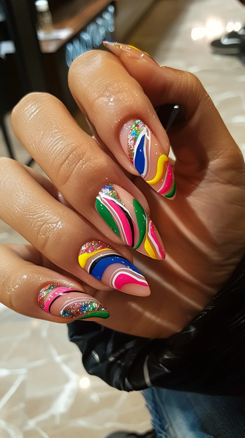 Glitter and vibrant colors combine in this striking nail art. The flowing lines and sparkling accents create a dazzling and festive design, perfect for making a bold statement with your manicure.
