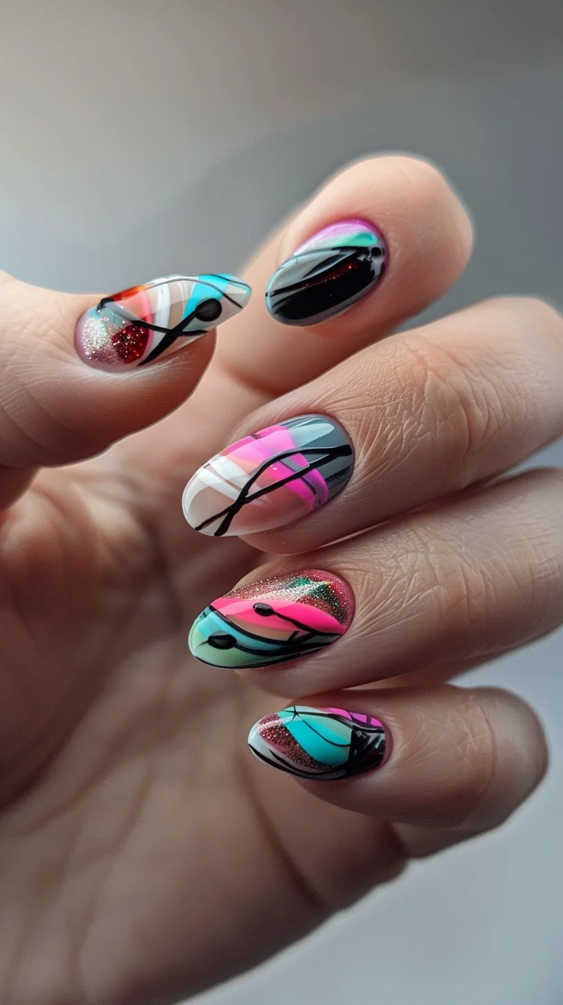 A mix of soft pastels and bold black lines create a modern and stylish nail design. The combination of subtle shades and sharp contrasts brings a chic and contemporary flair, ideal for a sophisticated and trendy look.