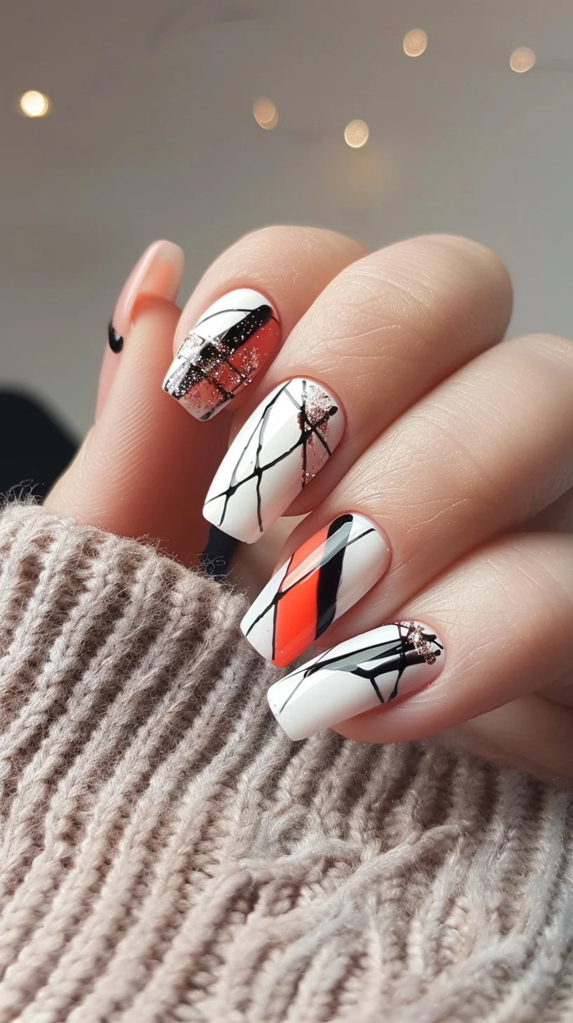 Black and white lines intersect with splashes of orange and glitter in this bold and stylish design. The geometric patterns and contrasting colors add a dynamic and edgy touch to your manicure, making it a true standout. ​