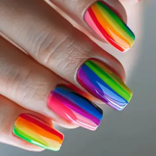 A rainbow stripe design, perfect for a bright and cheerful look. Each nail features vertical stripes in vibrant colors, creating a joyful and playful manicure.
