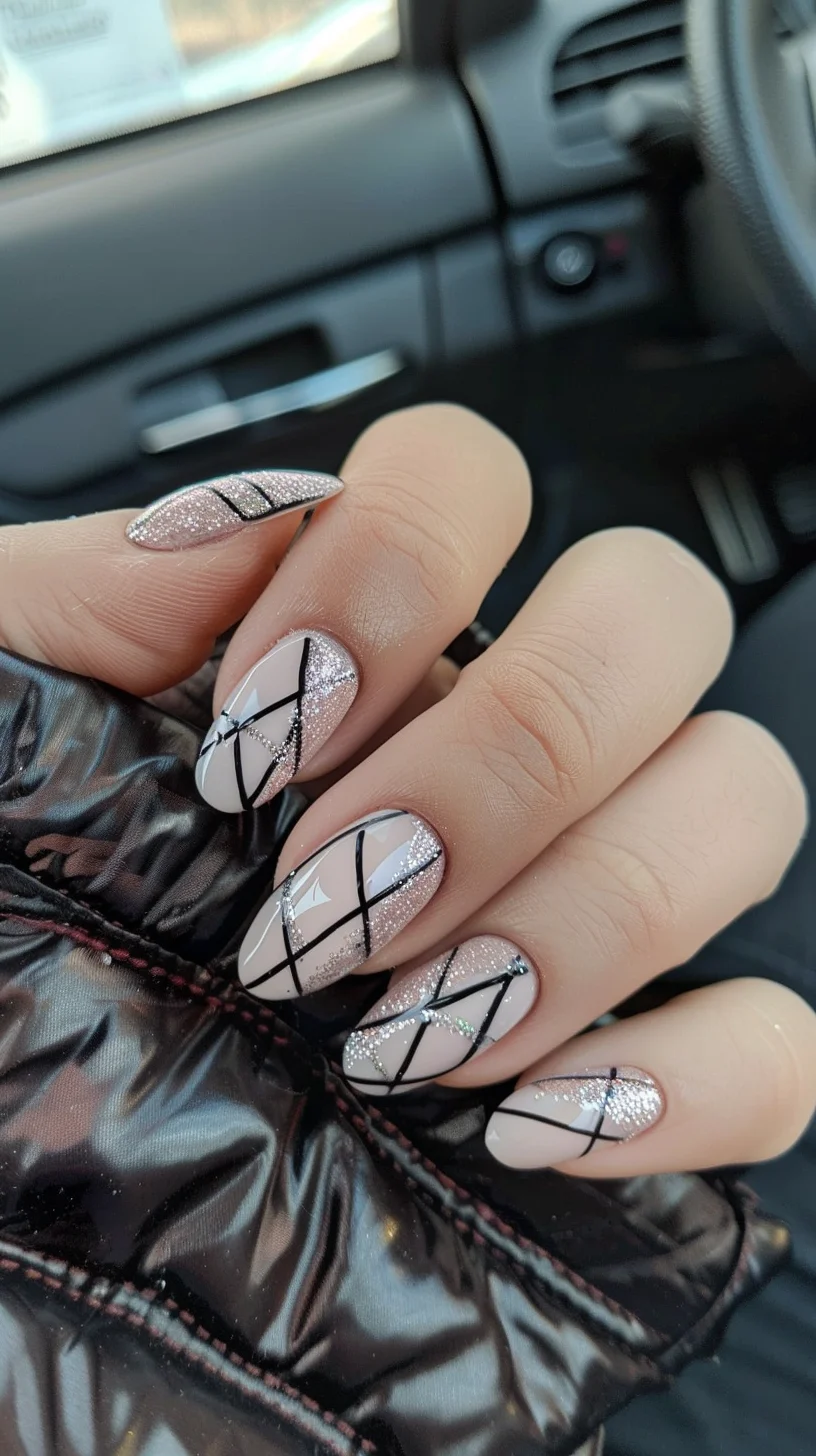 This nail art features a crosshatch pattern with silver glitter and black lines over a nude base. The intricate design adds a sophisticated touch, ideal for a polished and refined appearance.