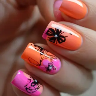 This design features a lively blend of orange and pink with intricate black butterfly and flower motifs. The gradient effect adds depth, making it a fun and eye-catching choice for summer.