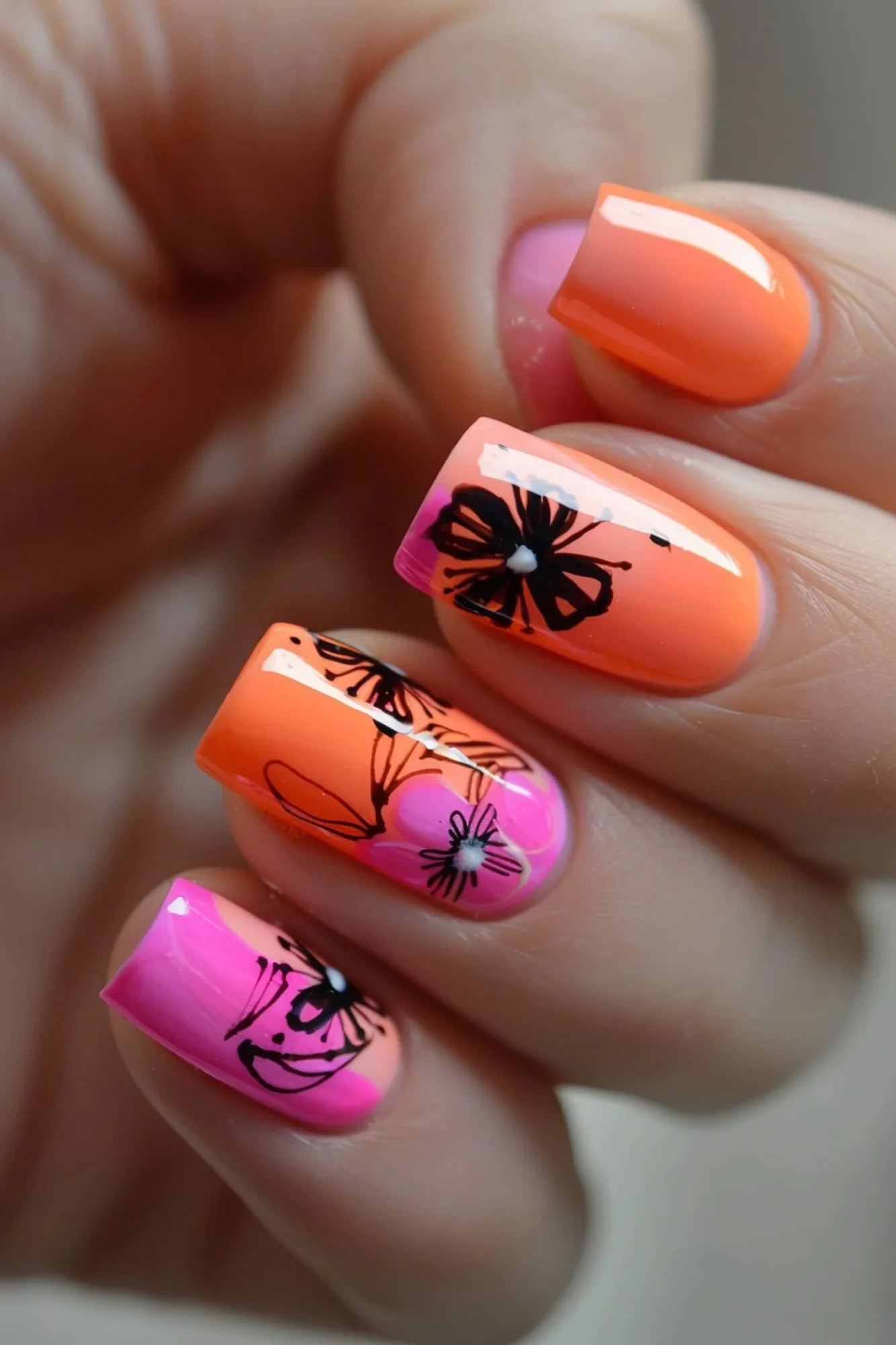 This design features a lively blend of orange and pink with intricate black butterfly and flower motifs. The gradient effect adds depth, making it a fun and eye-catching choice for summer.