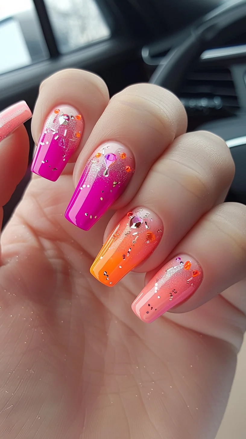 Featuring a mix of pink and orange with intricate floral accents, this design brings a tropical feel to your nails. The bright colors and detailed flowers evoke the essence of summer vacations.