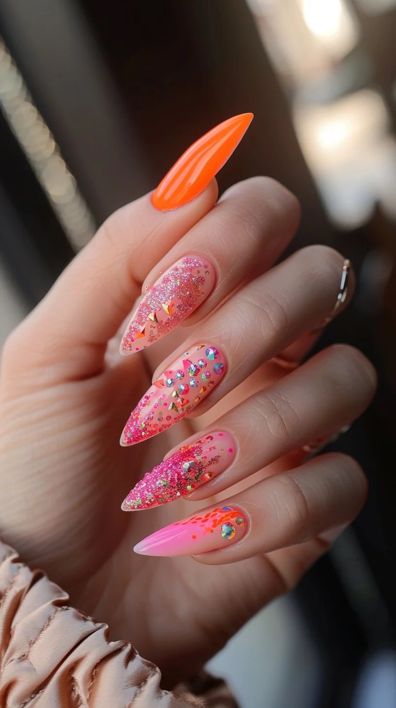 A stunning design featuring a mix of orange and pink nails adorned with glitter and rhinestones. Each nail is a burst of sparkle, perfect for making a bold summer statement.