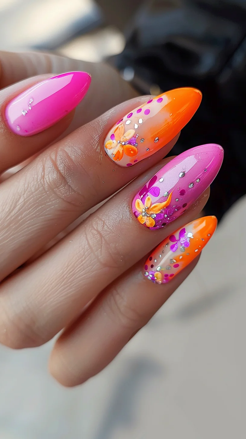  This design blends vibrant orange and pink nails with playful polka dots and intricate floral patterns. The combination of dots and flowers creates a lively and cheerful look.