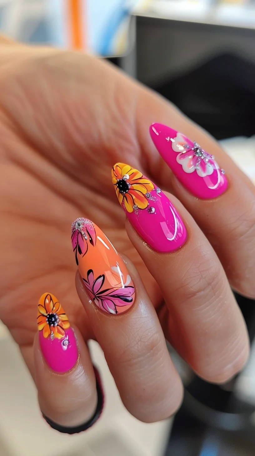 Bright orange and pink nails are decorated with detailed floral designs and glitter accents. The flowers stand out against the vivid background, adding a touch of summer charm.