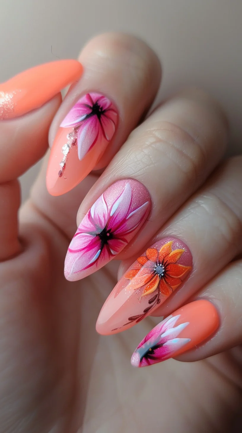Soft orange and pink nails feature delicate floral artwork. The intricate flowers and subtle glitter accents make this design elegant and feminine, ideal for any summer occasion.