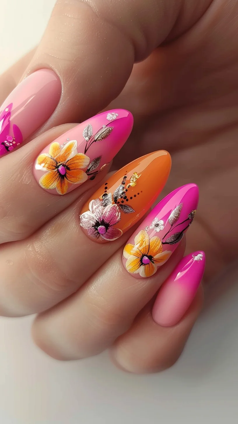 This design showcases pink and orange nails with detailed floral embellishments. The flowers are highlighted with rhinestones, adding a touch of glamour to the vibrant colors.