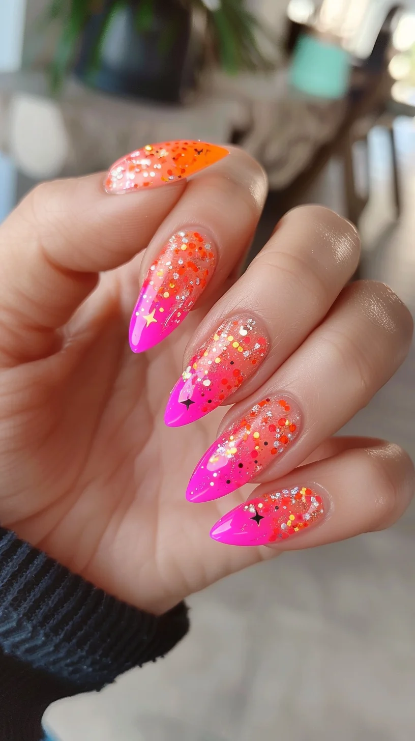 A smooth gradient from pink to orange, embellished with sparkling glitter and star-shaped sequins. This design is perfect for those who love a touch of magic in their summer look.