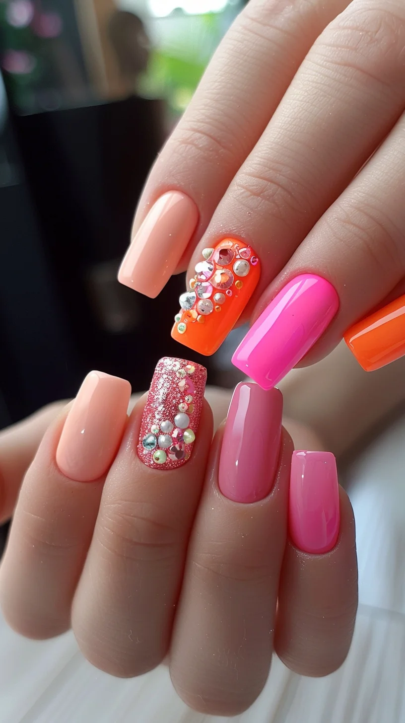 Featuring a mix of pink and orange nails with a generous amount of rhinestones and pearls. This luxurious design is perfect for special occasions, combining elegance with vibrant colors.