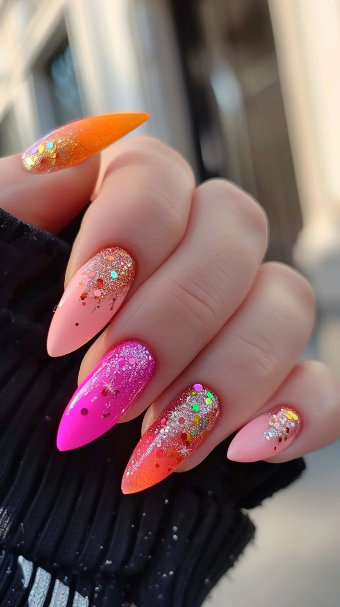 A dazzling gradient from orange to pink, enhanced with glitter and sequins. This design is vibrant and playful, capturing the essence of summer festivities.